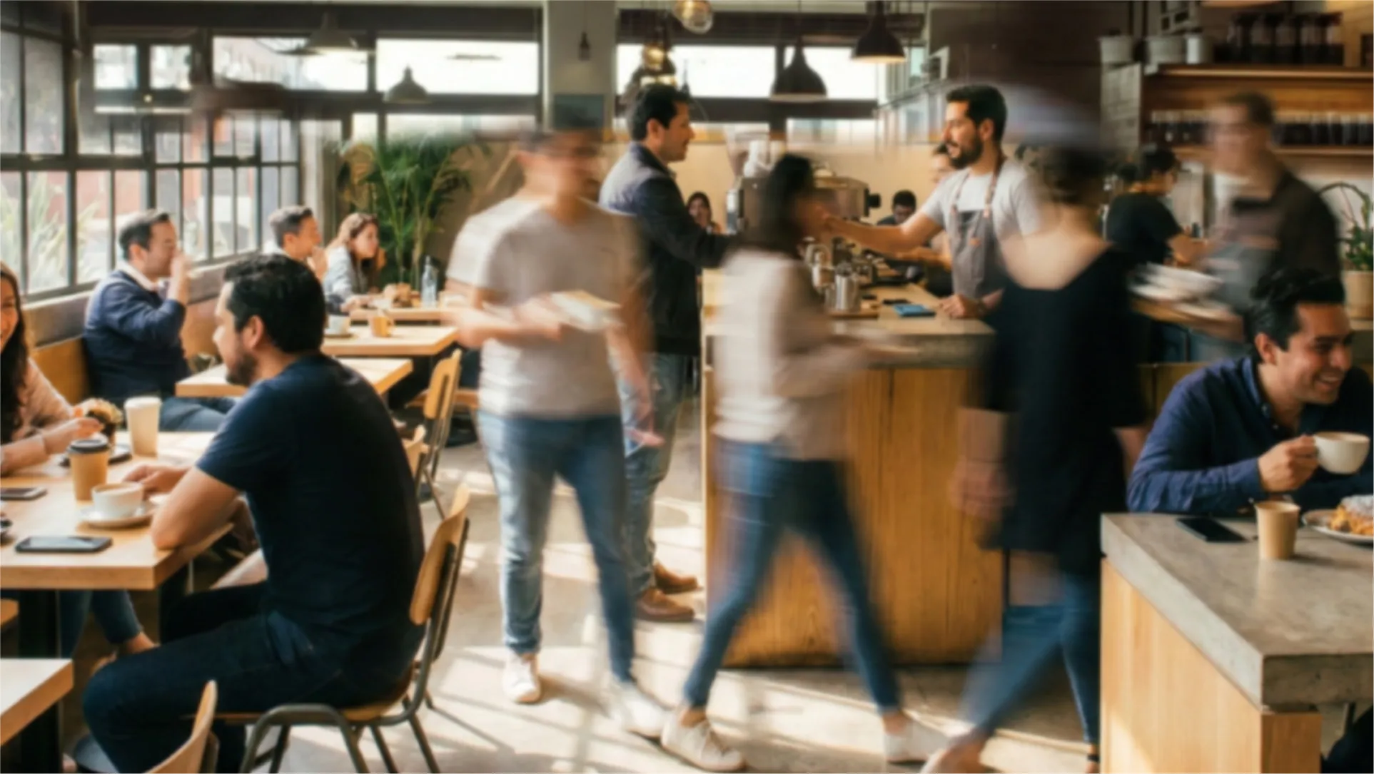 Cafetería llena, con meseros y clientes en movimiento