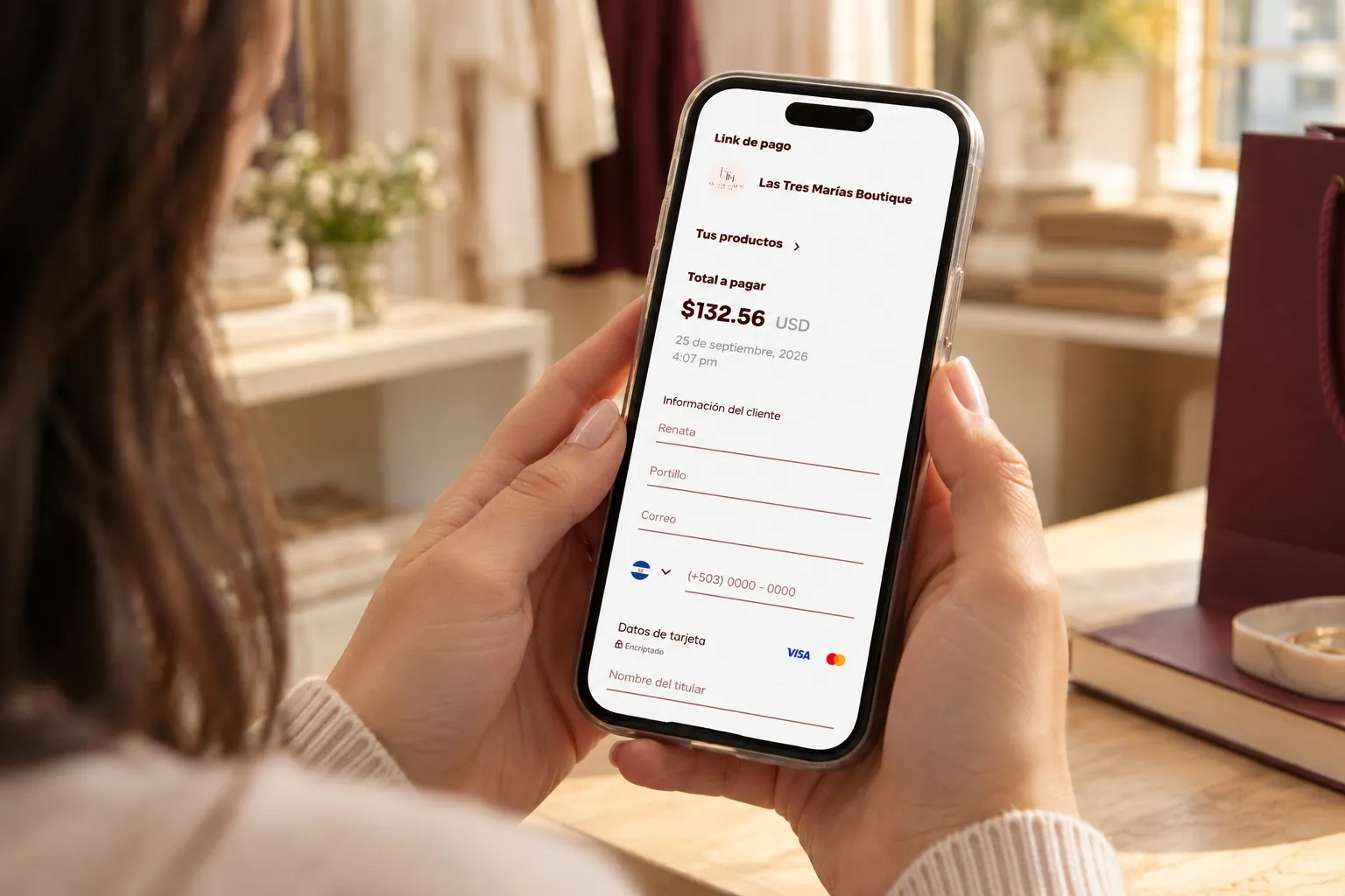 Persona en una boutique con un link de pago de Cubo por $132.56 en su celular